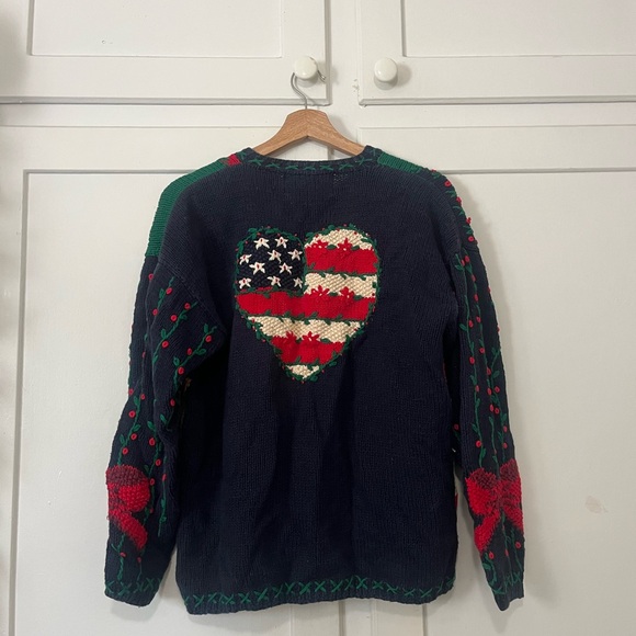 Vintage 1995 Eagle’s Eye Hand Knit Americana Novelty Cardigan Bear Flag Stars S - Picture 2 of 5